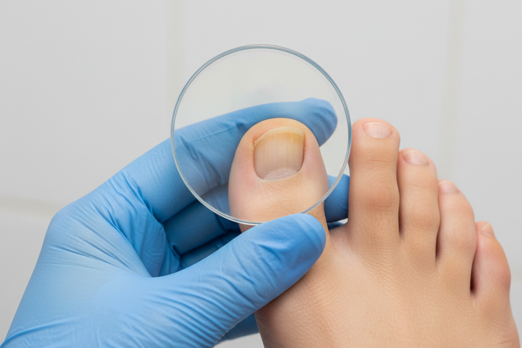 A closeup image of toenail fungus (Onychomycosis)
